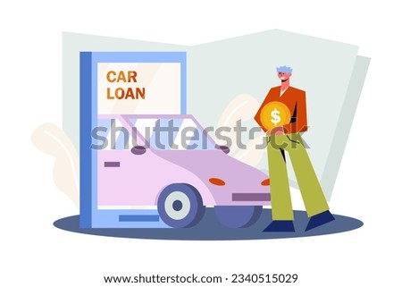 Male holding coin, borrows money for car online with smartphone. Lending and loan finance in bank. Online bank service concept. Flat vector illustration in blue colors in cartoon style