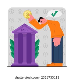 Male holding coin and putting money on deposit. Modern banking services. Getting financial success. Vector flat illustration in orange and purple colors