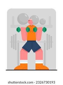 Male holding dumbbells and doing exercises. People in sportswear training. Active and healthy lifestyle. Regular physical activity. Time for morning workout. Vector flat illustration