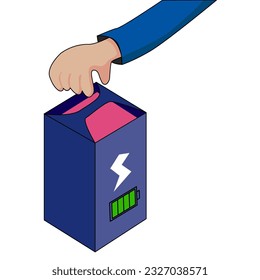 male holding in hand battery swap for electric scooter.  Cartoon