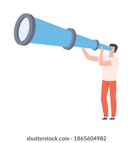 Male Holding Huge Telescope Searching and Investigating Vector Illustration