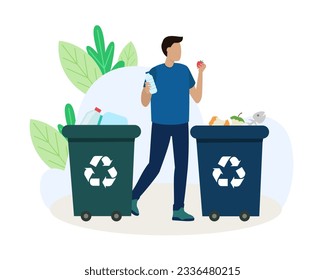 Male holding plastic bottle and organic waste, standing near containers. Green environment, help planet concept. Waste collection and recycling concept. Flat vector illustration in blue colors