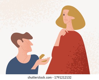 Male holding ring in box making proposal to beautiful female vector flat illustration. Enamored man proposing marriage to attractive woman isolated on white. Colorful couple at romantic date
