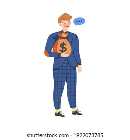 Male Holding Sack with Money Coins and Dollar Banknotes Vector Illustration