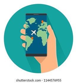 Male holding smartphone with with interface mobile app for travel service on a screen. Color flat vector illustration isolated on turquoise circle. For info graphic, banner, presentations, web icon