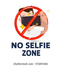 Male holding smartphone to selfie in stop symbol. no selfie zone concept - vector illustration