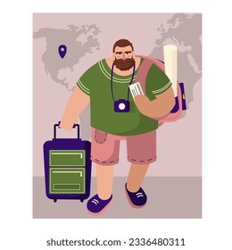 Male holding ticket and trolley bag, waiting for plane. Tourists visiting locations, traveling aboard. Time to travel. Flat vector illustration in cartoon style