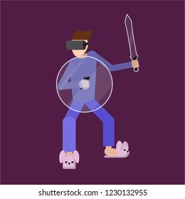 Male at home in pajamas in vr glasses playing rpg game in three dimensional reality, with gladius sword and shield , vector illustration for web and print in cartoon flat style .