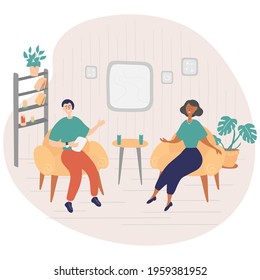 Male host asks famous celebrity on TV show. Popular woman-star gives interview to television presenter in broadcast studio. Internet interview channel concept. Cartoon vector illustration