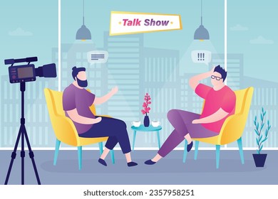 Male host asks famous celebrity on TV show. Popular man-star gives interview to television presenter in broadcast studio. Internet interview, online channel concept. Talk show. Blogger and guest.