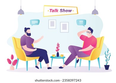 Male host asks famous celebrity on TV show. Popular man-star gives interview to television presenter in broadcast studio. Internet interview, online channel concept. Handsome blogger and guest. vector