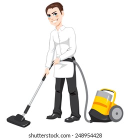 Male Hotel Service Worker Cleaning Using Yellow Vacuum Cleaner