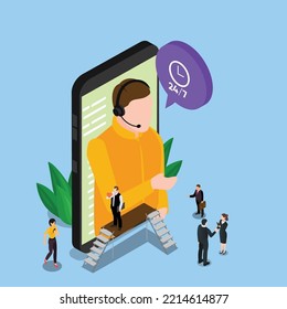 Male hotline operator advises business client isometric 3d vector illustration concept for banner, website, illustration, landing page, flyer, etc.