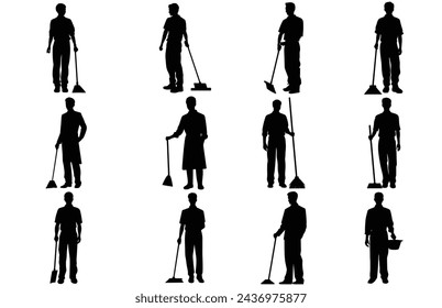 male House keeper silhouette, Man cleaning the floor,