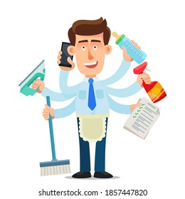 Male housekeeper. Man with many hands and tasks, cleaning and cooking. Husband - housewife. Vector illustration, flat design, cartoon style, isolated background.