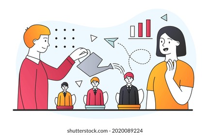 Male HR manager is watering soft pots with growing managers in them. Concept of business topics, human resources. Business workplace. Flat cartoon vector illustration