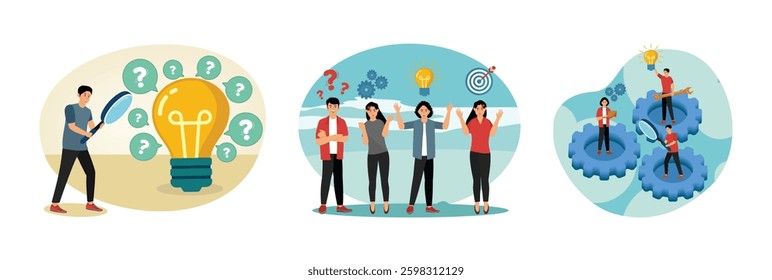 Male with Huge Magnifier in Hands Finding Answer Walking to Huge Light Bulb. Group of young business people collaborating. Teamwork in finding new idea solutions to solve a problem. 