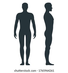 Male Human Character, People Man Front And View Side Body Silhouette, Isolated On White, Flat Vector Illustration. Black Mannequin People Scale Concept.