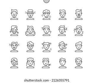 Male Human Emotions. Man And Boy Face. Disappointed, Happy, Confused, Cursing, Shocked And Other. Pixel Perfect Vector Thin Line Icons. Simple Minimal Pictogram