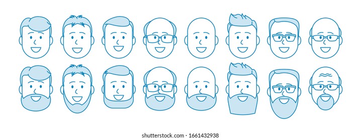 Male human face. Portrait with and without a beard. Male avatar design for social networks. Illustration in line art style. Vector