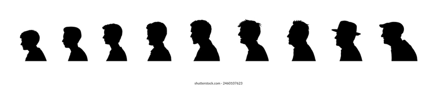 Male human life cycle from child to elderly life stages face side view portrait silhouette collection	