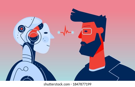 The male human and male robot with artificial intelligence looking at each other. Trendy bright linear illustration