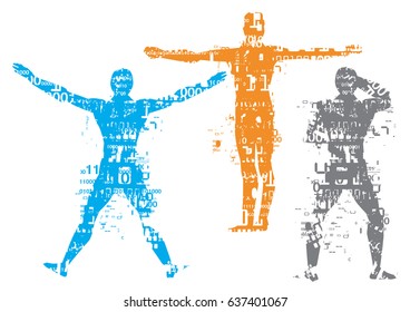 Male human silhouettes with binary codes.
Three  male silhouettes grunge stylized with binary codes and digital numbers. Isolated on white background. Vector available.
