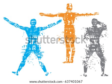 Male human silhouettes with binary codes.
Three  male silhouettes grunge stylized with binary codes and digital numbers. Isolated on white background. Vector available.
