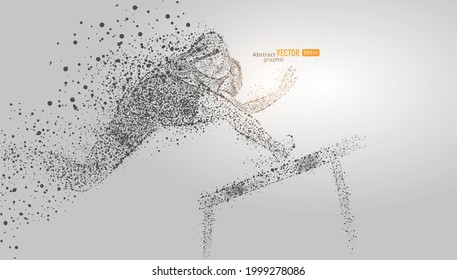 A male hurdle runner sprint is composed of particles on gray background. Abstract vector sports background.