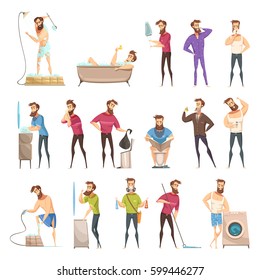 Male hygiene set in cartoon retro style with bearded person in various cleaning activities isolated vector illustration 