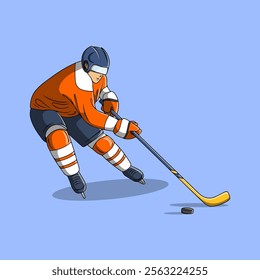 Male ice hockey athlete dribbling a hockey puck with a stick