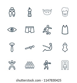 Male icon. collection of 16 male outline icons such as brush, man underwear, singlet, tie, muscle, push up, squat, eye, couple, karate. editable male icons for web and mobile.