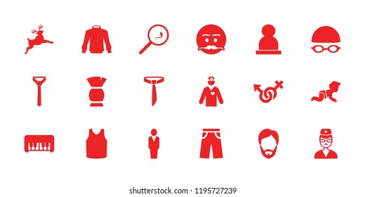 Male icon. collection of 18 male filled icons such as piano toy, brush, singlet, pants, emot with mustache, doctor. editable male icons for web and mobile.