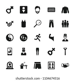 Male icon. collection of 25 male filled icons such as airport officer, singlet, handshake, yin yang, doctor, man sleeping on table. editable male icons for web and mobile.
