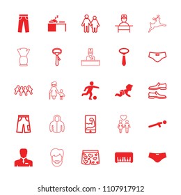 Male icon. collection of 25 male filled and outline icons such as piano toy, tie, push up, businessman, football player, man swim wear. editable male icons for web and mobile.