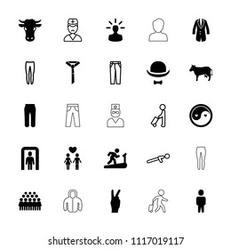 Male icon. collection of 25 male filled and outline icons such as cow, group, hat and moustache, jacket, user bulb, peace. editable male icons for web and mobile.