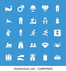 Male icon. collection of 25 male filled icons such as deer, man and woman, man shoe, underpants, pants, businessman, handshake, muscle. editable male icons for web and mobile.