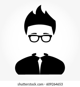 male icon from head to shoulder with hair, wearing shirt with collar and eye glasses all in flat black design