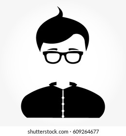 male icon from head to shoulder with hair, wearing shirt with buttons, and eye glasses all in flat black design