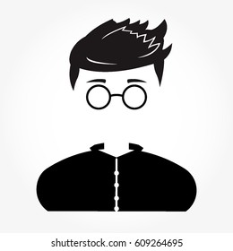 Male Icon From Head To Shoulder With Hair, Wearing Shirt With Buttons, And Eye Glasses All In Flat Black Design