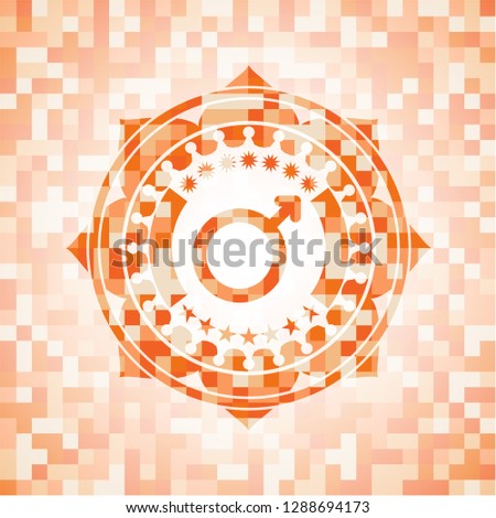 male icon inside abstract orange mosaic emblem