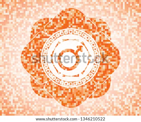 male icon inside abstract orange mosaic emblem with background