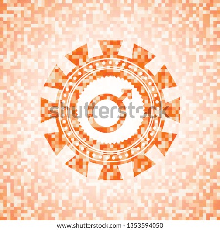 male icon inside abstract orange mosaic emblem with background