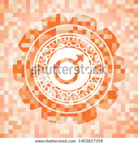 male icon inside abstract orange mosaic emblem with background