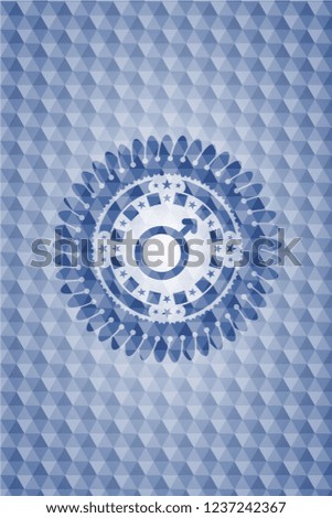 male icon inside blue emblem or badge with abstract geometric polygonal pattern background.