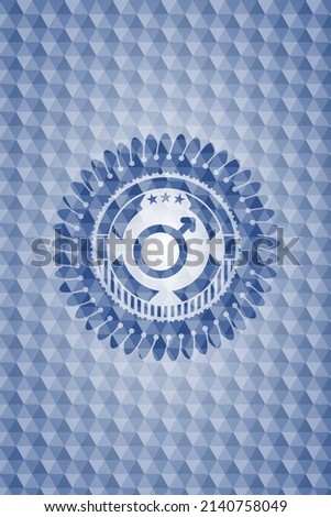 male icon inside blue polygonal badge. 