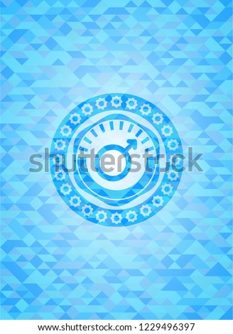 male icon inside light blue emblem with triangle mosaic background