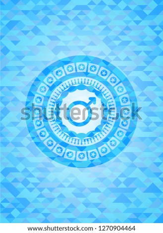 male icon inside light blue emblem. Mosaic background