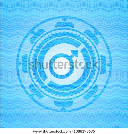 male icon inside light blue water wave emblem background.