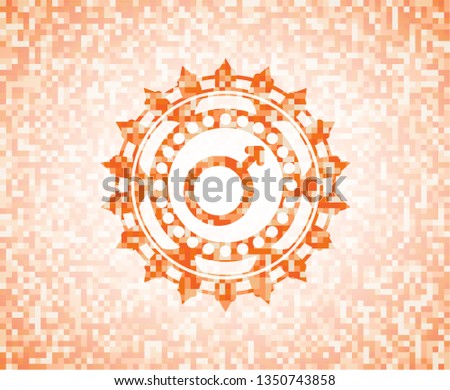 male icon inside orange tile background illustration. Square geometric mosaic seamless pattern with emblem inside.
